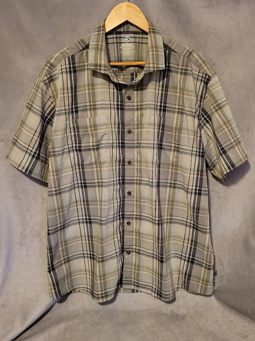 Kuhl Men's Plaid Cotton Short Sleeve Button-Up Shirt Gray Beige Blue XXLarge